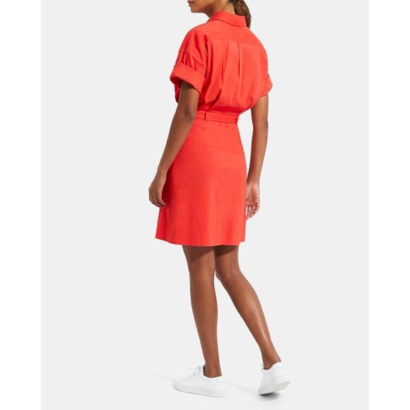 Theory Belted Shirt Dress in Stretch Linen Poppy Short Sleeve Size 4 NEW - Picture 3 of 14